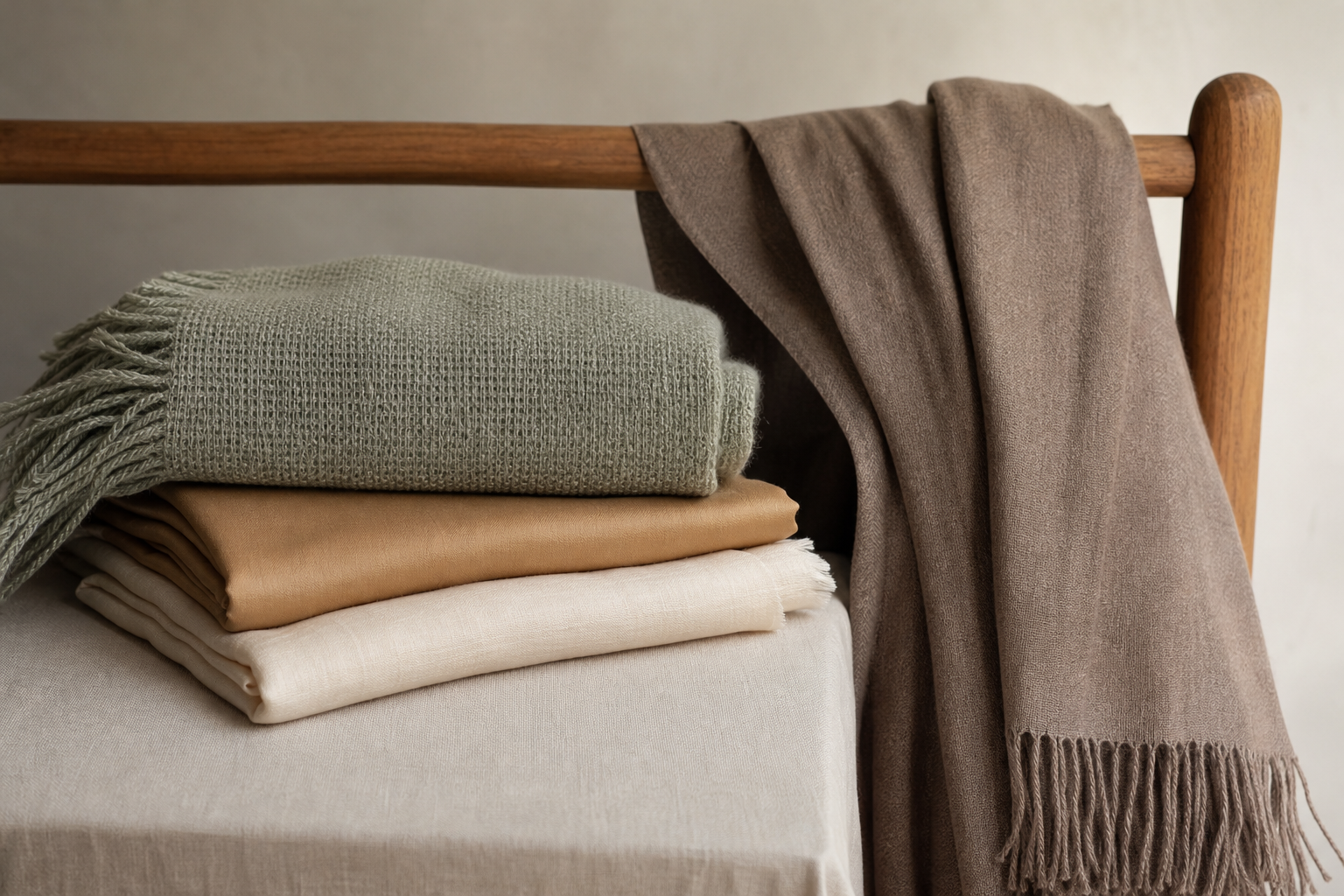 Strip scarves and shawls, clusters and scarf and shawl trays on a textile sample table